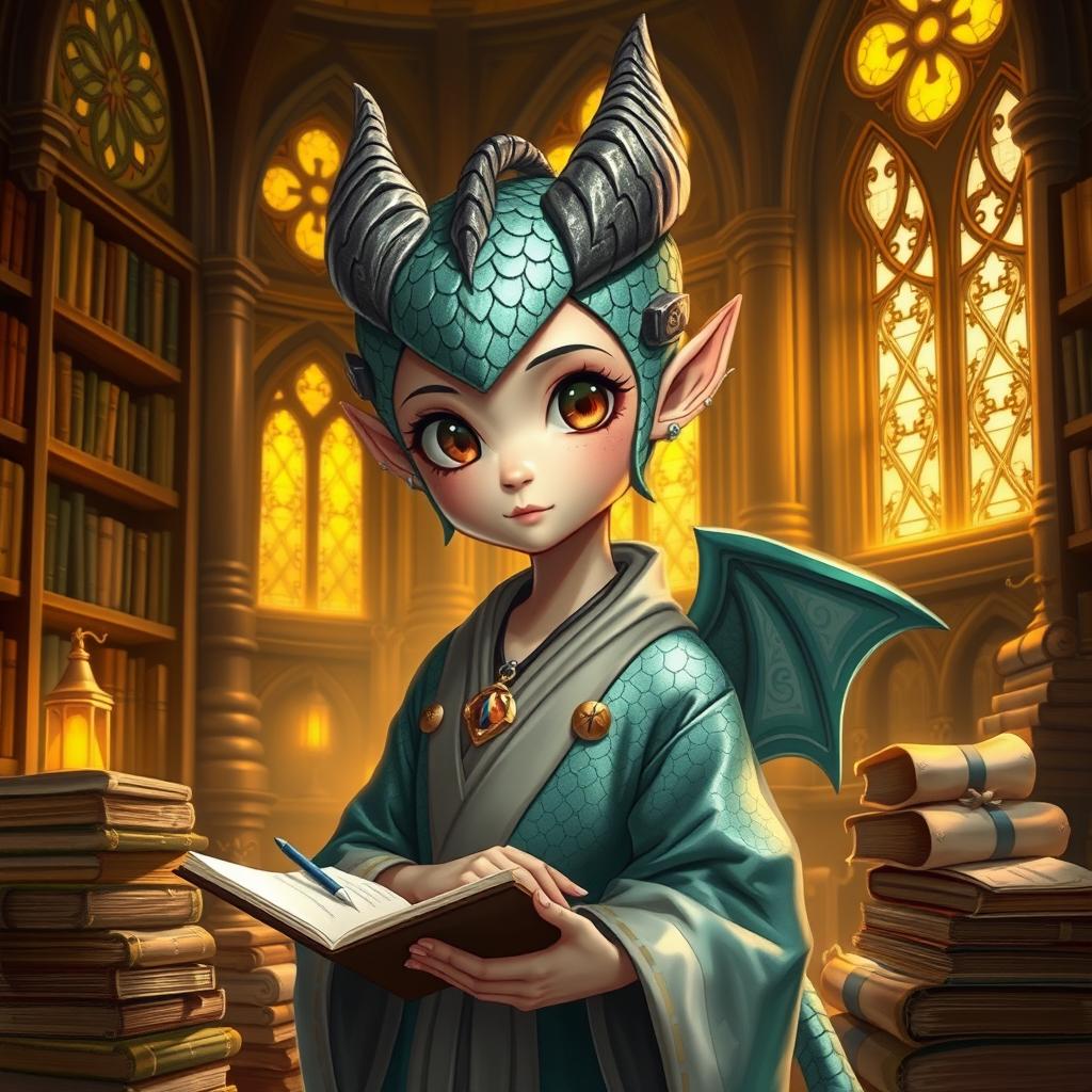 A female dragonborn character depicted as a young girl, showcasing her unique dragon-like features such as shiny, iridescent scales in shades of teal and silver