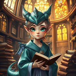 A female dragonborn character depicted as a young girl, showcasing her unique dragon-like features such as shiny, iridescent scales in shades of teal and silver