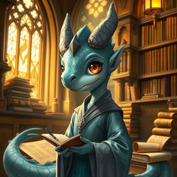 A female dragonborn character depicted as a young girl, showcasing her unique dragon-like features such as shiny, iridescent scales in shades of teal and silver