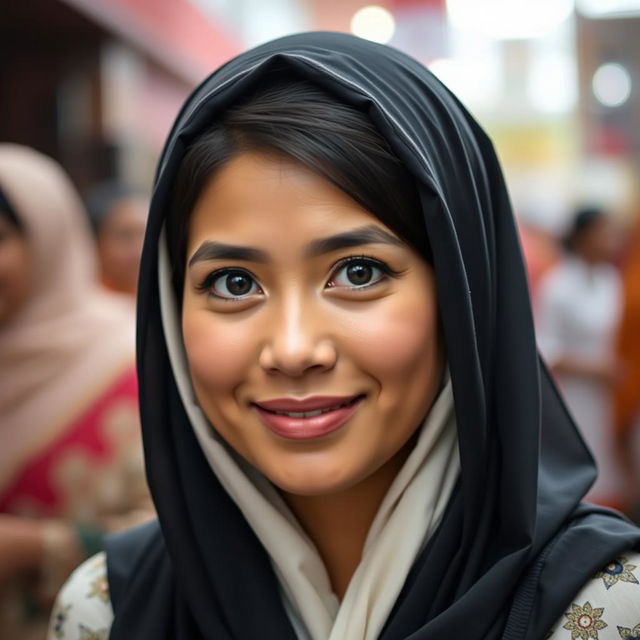 A 27-year-old woman with a short stature and a slightly round face, featuring captivating black eyes