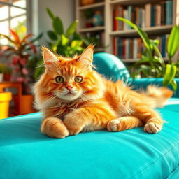 A whimsical, fluffy orange cat lounging gracefully on a turquoise sofa, with a sunbeam casting a warm glow on its fur