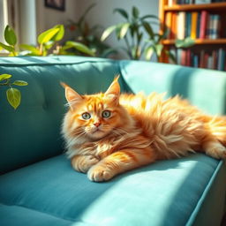 A whimsical, fluffy orange cat lounging gracefully on a turquoise sofa, with a sunbeam casting a warm glow on its fur