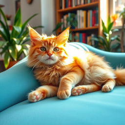 A whimsical, fluffy orange cat lounging gracefully on a turquoise sofa, with a sunbeam casting a warm glow on its fur