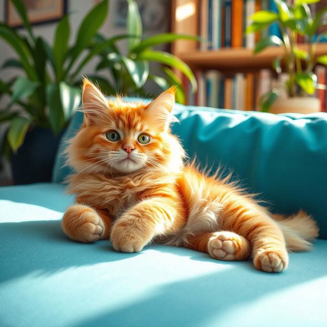 A whimsical, fluffy orange cat lounging gracefully on a turquoise sofa, with a sunbeam casting a warm glow on its fur