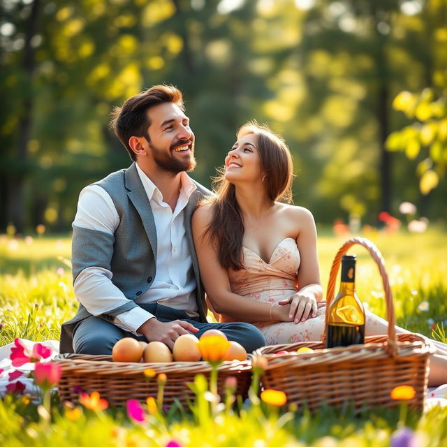 A romantic outdoor scene featuring Lionel Messi and Antonella Roccuzzo, both dressed in elegant casual attire, sitting together on a picnic blanket in a sunlit park