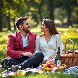 A romantic outdoor scene featuring Lionel Messi and Antonella Roccuzzo, both dressed in elegant casual attire, sitting together on a picnic blanket in a sunlit park