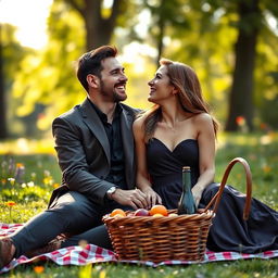 A romantic outdoor scene featuring Lionel Messi and Antonella Roccuzzo, both dressed in elegant casual attire, sitting together on a picnic blanket in a sunlit park