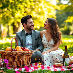 A romantic outdoor scene featuring Lionel Messi and Antonella Roccuzzo, both dressed in elegant casual attire, sitting together on a picnic blanket in a sunlit park