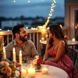 A romantic evening scene featuring Lionel Messi and Antonella Roccuzzo in an intimate setting