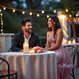 A romantic evening scene featuring Lionel Messi and Antonella Roccuzzo in an intimate setting