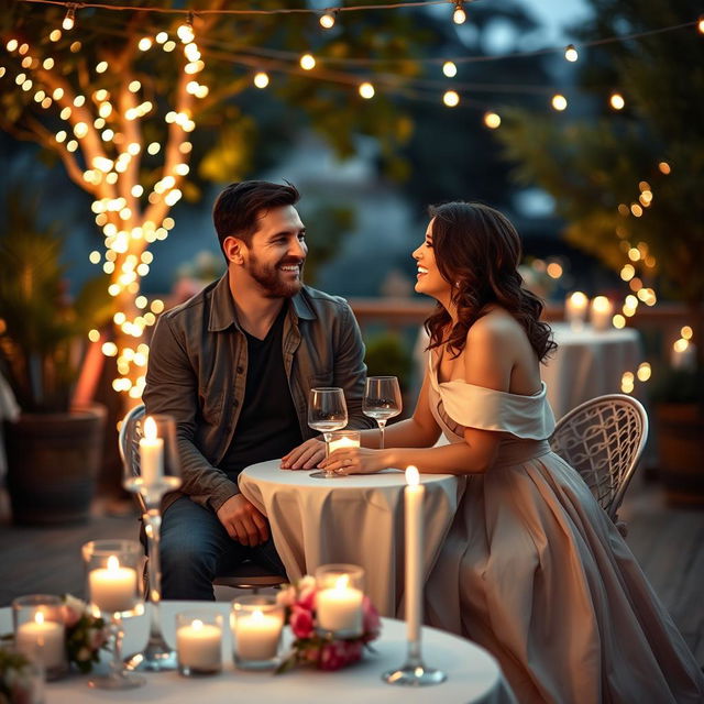 A romantic evening scene featuring Lionel Messi and Antonella Roccuzzo in an intimate setting