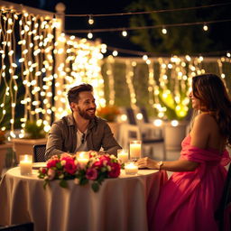 A romantic evening scene featuring Lionel Messi and Antonella Roccuzzo in an intimate setting