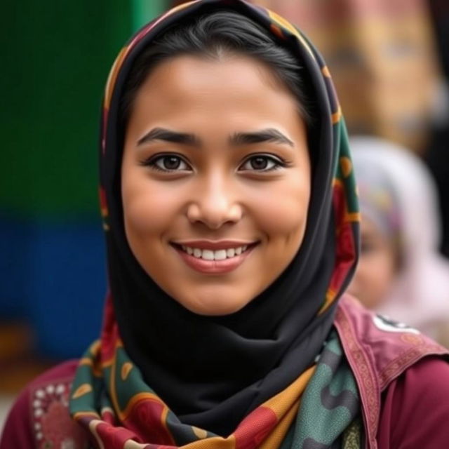 A 27-year-old woman with short stature and a slightly round face, wearing a colorful scarf, with dark black eyes and a joyful smile