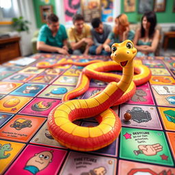 A colorful game board featuring a snake winding through various spaces, each space adorned with different illustrations representing fun game elements like treasure chests, obstacles, and action cards
