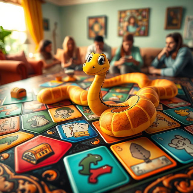 A colorful game board featuring a snake winding through various spaces, each space adorned with different illustrations representing fun game elements like treasure chests, obstacles, and action cards