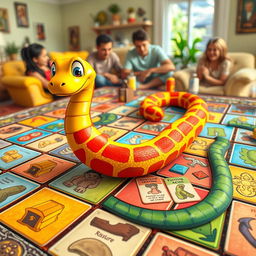 A colorful game board featuring a snake winding through various spaces, each space adorned with different illustrations representing fun game elements like treasure chests, obstacles, and action cards