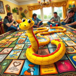 A colorful game board featuring a snake winding through various spaces, each space adorned with different illustrations representing fun game elements like treasure chests, obstacles, and action cards