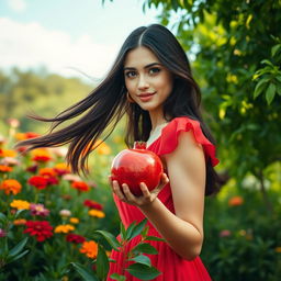 A beautiful woman with flowing dark hair, wearing a vibrant red dress, standing in a lush green garden filled with colorful flowers