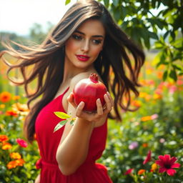 A beautiful woman with flowing dark hair, wearing a vibrant red dress, standing in a lush green garden filled with colorful flowers