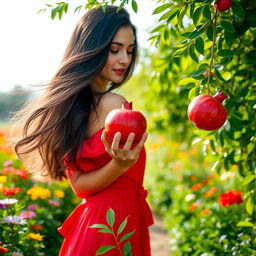 A beautiful woman with flowing dark hair, wearing a vibrant red dress, standing in a lush green garden filled with colorful flowers
