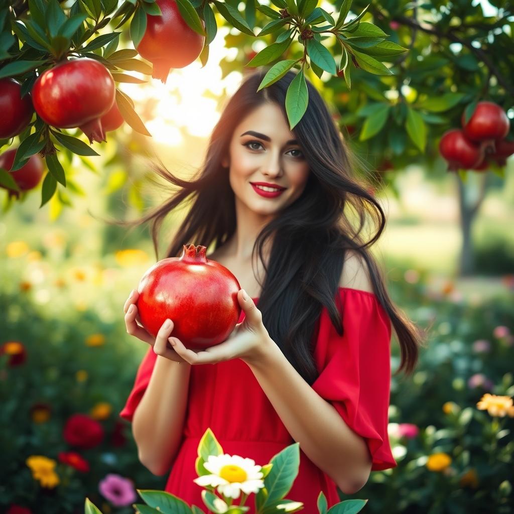 A beautiful woman with flowing dark hair, wearing a vibrant red dress, standing in a lush green garden filled with colorful flowers