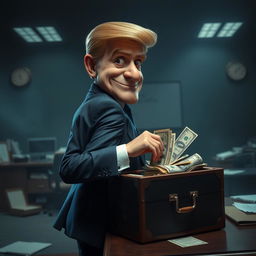 A dramatic scene depicting a fictional character inspired by a cartoonish politician, exaggerated in features, slyly engaging in an act of stealing