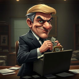A dramatic scene depicting a fictional character inspired by a cartoonish politician, exaggerated in features, slyly engaging in an act of stealing