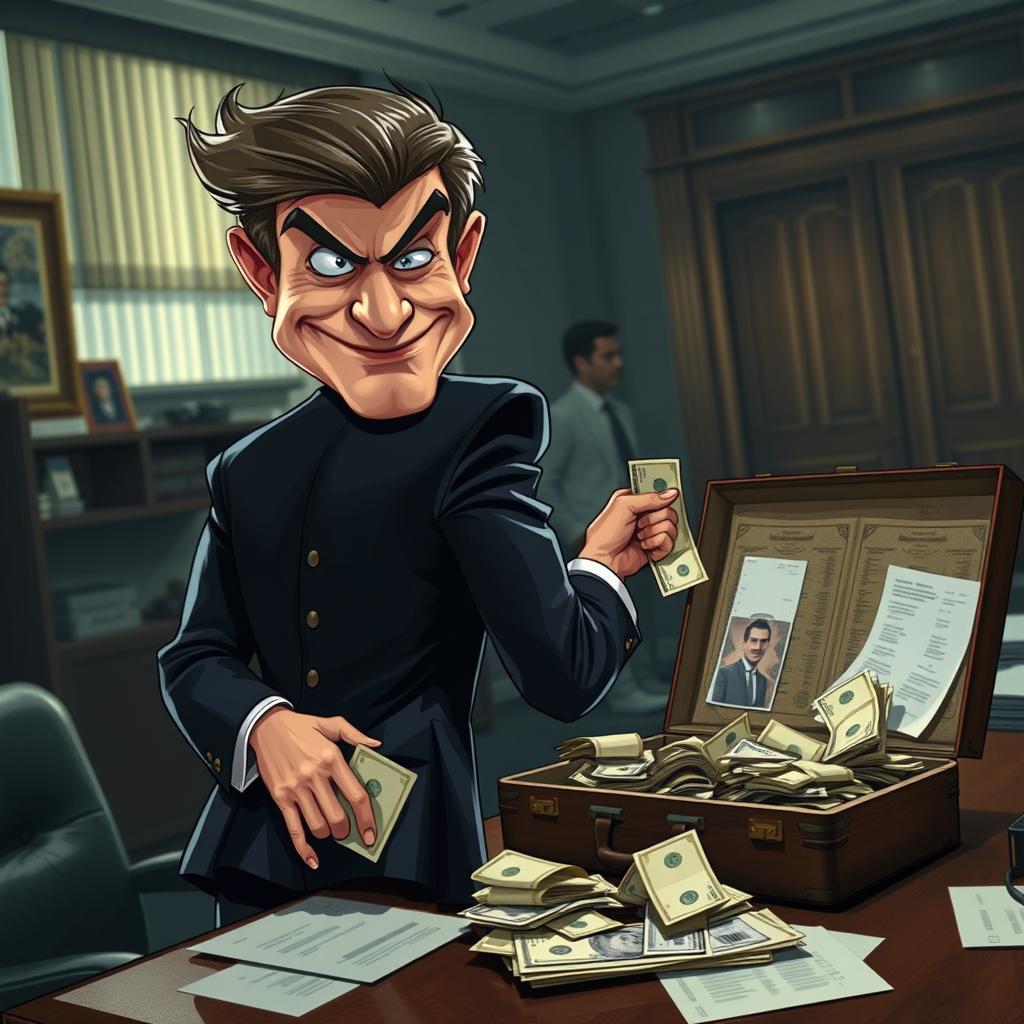 A dramatic scene depicting a fictional character inspired by a cartoonish politician, exaggerated in features, slyly engaging in an act of stealing