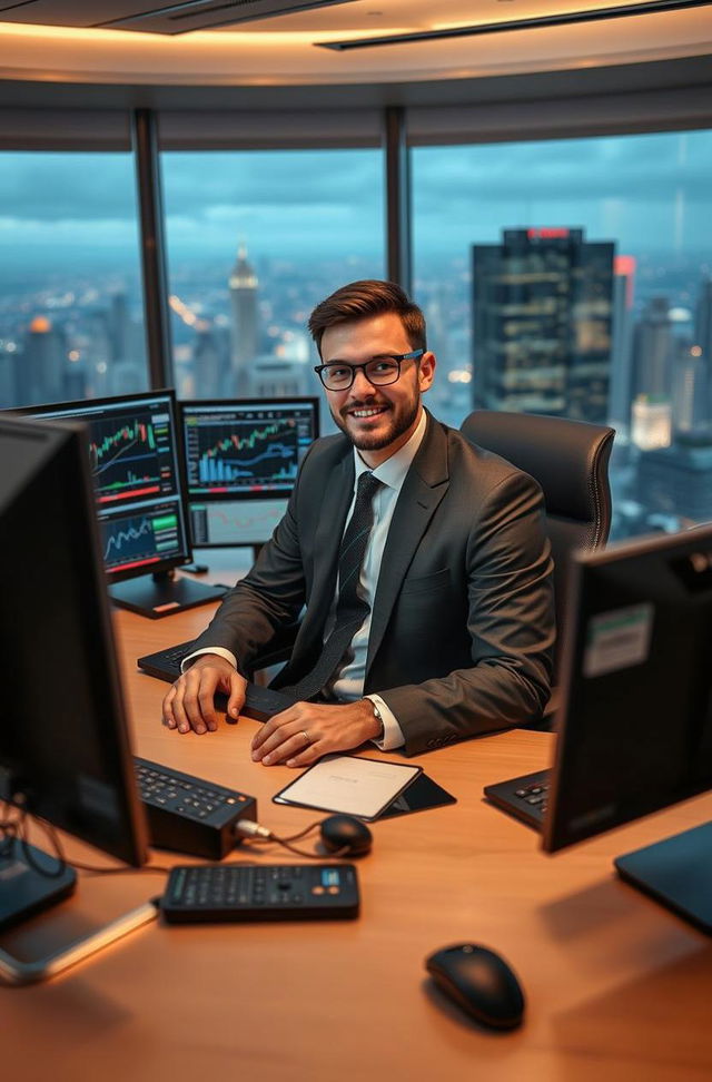 A confident young businessman sitting at a sleek modern desk in a high-rise office with a panoramic view of a city skyline at sunset