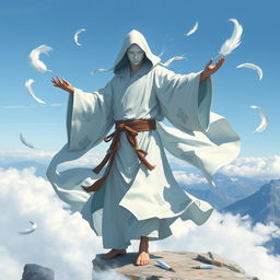 A mysterious Airbender character with a faceless appearance, dressed in flowing traditional Air Nomad robes that flutter in the wind