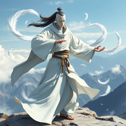 A mysterious Airbender character with a faceless appearance, dressed in flowing traditional Air Nomad robes that flutter in the wind
