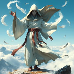 A mysterious Airbender character with a faceless appearance, dressed in flowing traditional Air Nomad robes that flutter in the wind