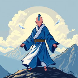 A faceless Airbender character depicted in vibrant pixel art style, featuring a range of shades of blue and white for the traditional Air Nomad robes, which are flowing and dynamic