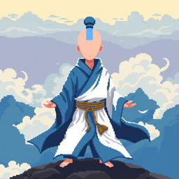 A faceless Airbender character depicted in vibrant pixel art style, featuring a range of shades of blue and white for the traditional Air Nomad robes, which are flowing and dynamic