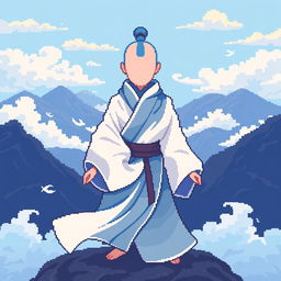 A faceless Airbender character depicted in vibrant pixel art style, featuring a range of shades of blue and white for the traditional Air Nomad robes, which are flowing and dynamic