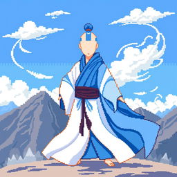 A faceless Airbender character depicted in vibrant pixel art style, featuring a range of shades of blue and white for the traditional Air Nomad robes, which are flowing and dynamic