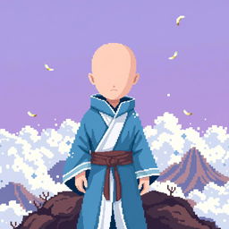 A faceless Airbender character represented in a vibrant pixel art style, showcasing a blend of blue and white tones for the classic Air Nomad robes, capturing a whimsical and minimalist essence