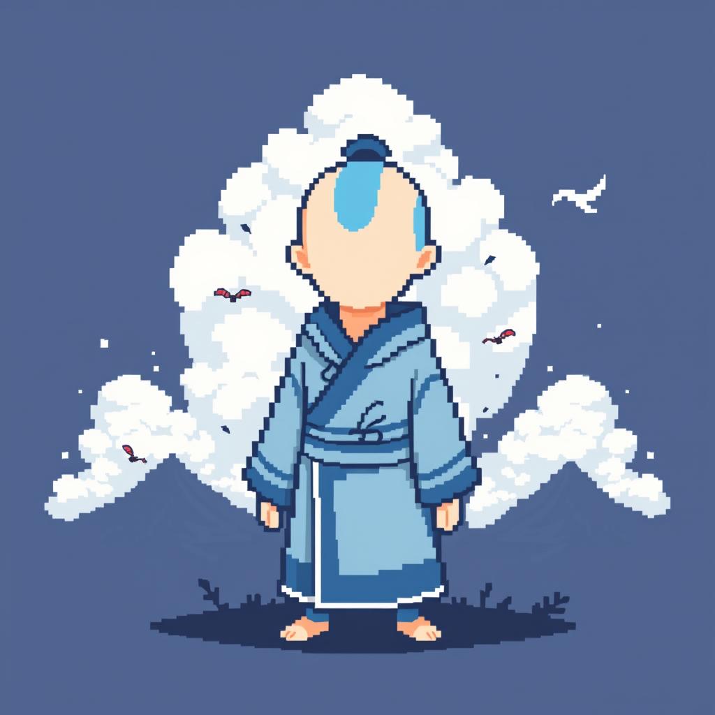 A faceless Airbender character represented in a vibrant pixel art style, showcasing a blend of blue and white tones for the classic Air Nomad robes, capturing a whimsical and minimalist essence