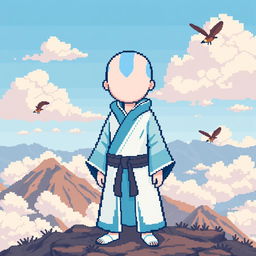 A faceless Airbender character represented in a vibrant pixel art style, showcasing a blend of blue and white tones for the classic Air Nomad robes, capturing a whimsical and minimalist essence
