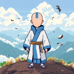 A faceless Airbender character represented in a vibrant pixel art style, showcasing a blend of blue and white tones for the classic Air Nomad robes, capturing a whimsical and minimalist essence