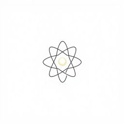A white background featuring a stylized, minimalist illustration of an atom, complete with electrons orbiting around a central nucleus