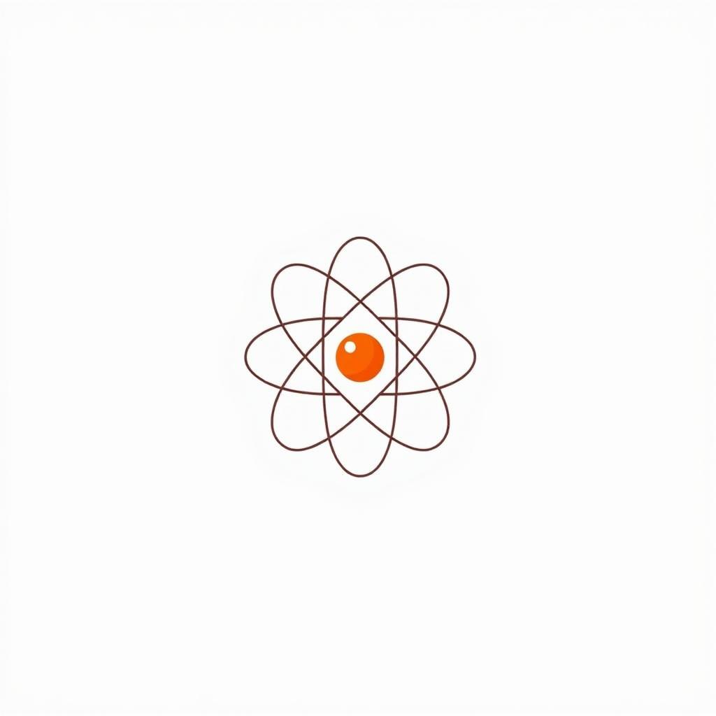 A white background featuring a stylized, minimalist illustration of an atom, complete with electrons orbiting around a central nucleus