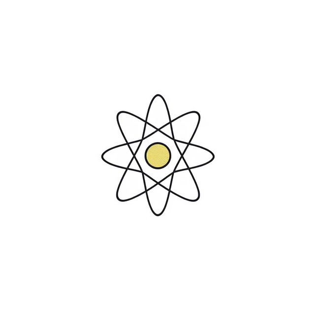 A white background featuring a stylized, minimalist illustration of an atom, complete with electrons orbiting around a central nucleus