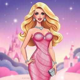 A stylized illustration of a glamorous doll inspired by classic Barbie aesthetics