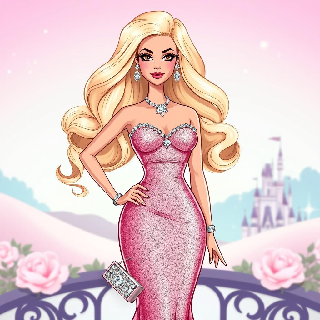 A stylized illustration of a glamorous doll inspired by classic Barbie aesthetics