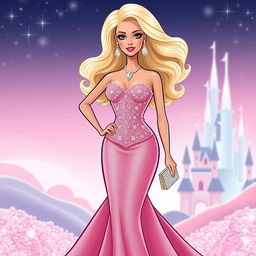 A stylized illustration of a glamorous doll inspired by classic Barbie aesthetics