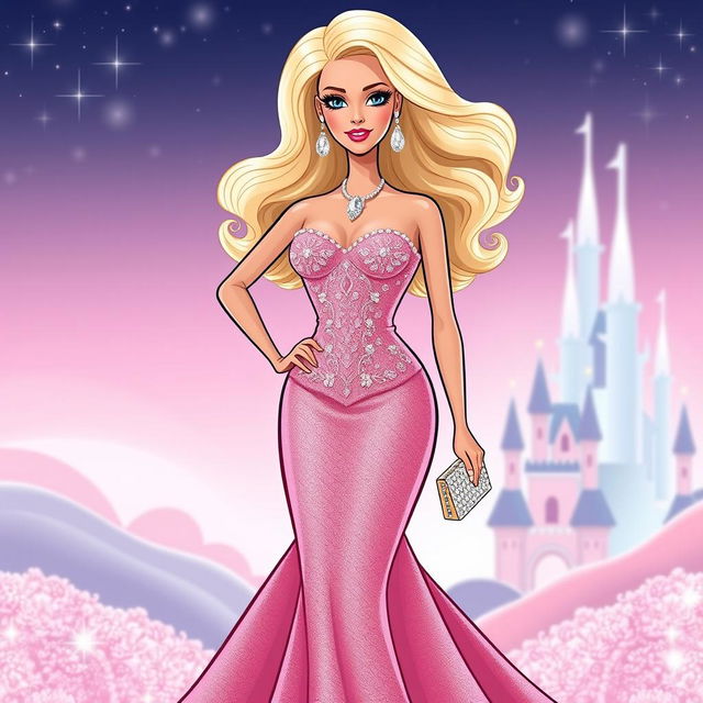 A stylized illustration of a glamorous doll inspired by classic Barbie aesthetics