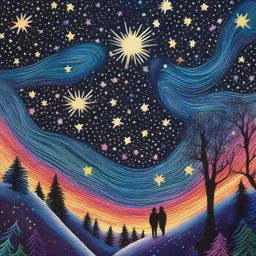 A distinct, high-quality Sharpie drawing that captures a scene of brightly shining stars