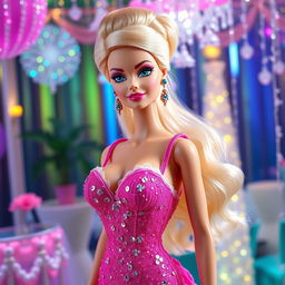 A stylized fashion doll resembling Barbie, with exaggerated features including large, voluptuous breasts, vibrant blonde hair styled in an elegant updo, wearing a glamorous sparkling pink gown adorned with sequins and lace