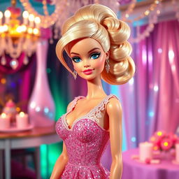 A stylized fashion doll resembling Barbie, with exaggerated features including large, voluptuous breasts, vibrant blonde hair styled in an elegant updo, wearing a glamorous sparkling pink gown adorned with sequins and lace